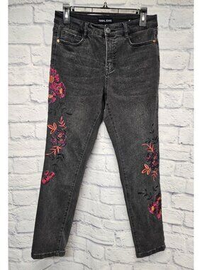 TRIBAL JEANS 6 WASHED BLACK PINK EMBROIDERED FLORAL STRAIGHT DENIM JEANS
